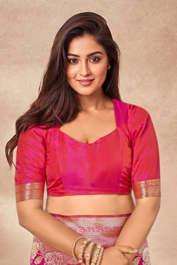 Shop_Khwaab By Sanjana Lakhani_Pink , Satin Embroidery, Tassels Bloom Woven Saree Set With Blouse _Online_at_Aza_Fashions