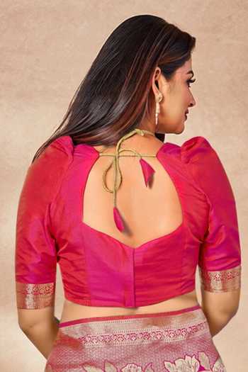 Khwaab By Sanjana Lakhani_Pink , Satin Embroidery, Tassels Bloom Woven Saree Set With Blouse _at_Aza_Fashions