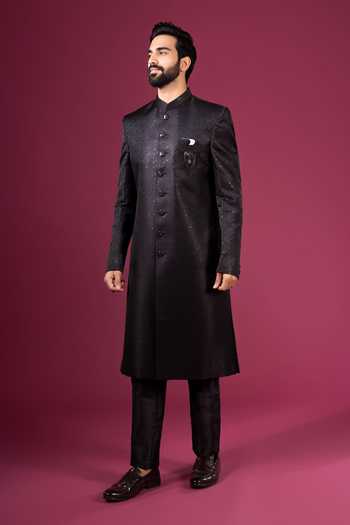 Arihant Rai Sinha_Black Jacquard, Silk, Dupion Sherwani Jacket And Pant Set _Online_at_Aza_Fashions