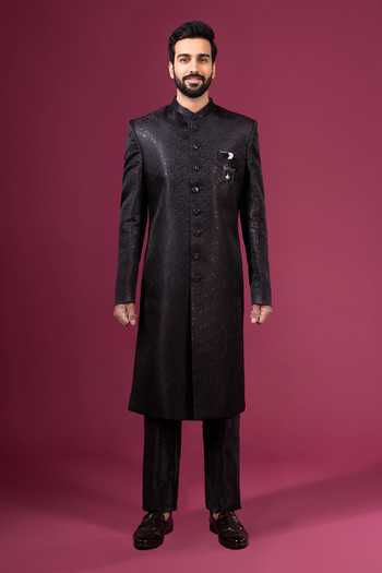 Buy_Arihant Rai Sinha_Black Jacquard, Silk, Dupion Sherwani Jacket And Pant Set _Online_at_Aza_Fashions