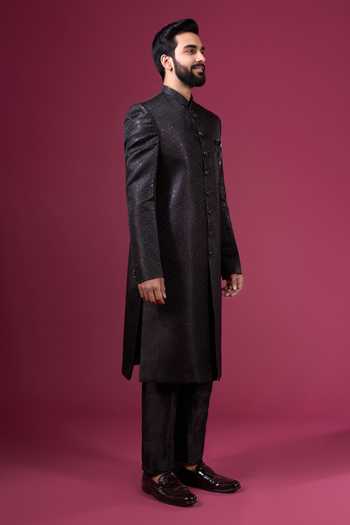 Arihant Rai Sinha_Black Jacquard, Silk, Dupion Sherwani Jacket And Pant Set _at_Aza_Fashions