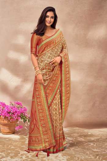 Shop Khwaab By Sanjana Lakhani Orange , Satin Embroidery, Tassels Abstract Woven Saree With Blouse Online at Aza Fashions Shop_Khwaab By Sanjana Lakhani_Orange , Satin Embroidery, Tassels Abstract Woven Saree With Blouse _Online_at_Aza_Fashions
