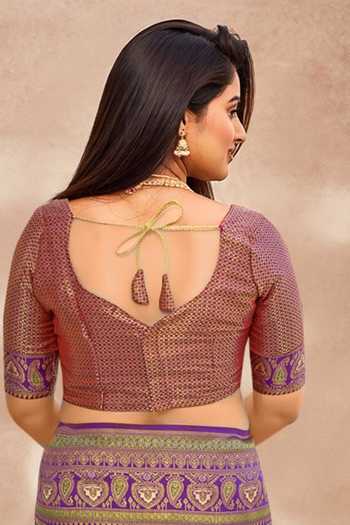 Khwaab By Sanjana Lakhani Purple Silk, Brocade Embroidery, Tassels Abstract Woven Pattern Saree And Blouse Online at Aza Fashions Khwaab By Sanjana Lakhani_Purple Silk, Brocade Embroidery, Tassels Abstract Woven Pattern Saree And Blouse _Online_at_Aza_Fashions