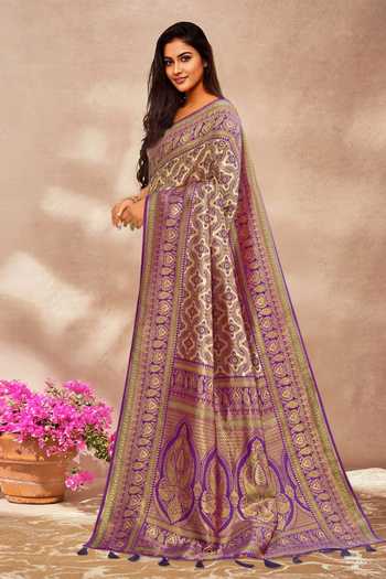 Shop Khwaab By Sanjana Lakhani Purple Silk, Brocade Embroidery, Tassels Abstract Woven Pattern Saree And Blouse Online at Aza Fashions Shop_Khwaab By Sanjana Lakhani_Purple Silk, Brocade Embroidery, Tassels Abstract Woven Pattern Saree And Blouse _Online_at_Aza_Fashions