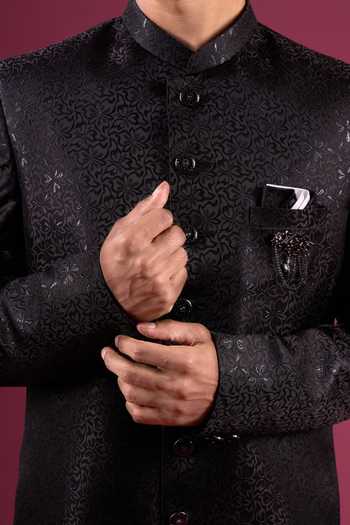 Buy_Arihant Rai Sinha_Black Jacquard, Silk, Dupion Sherwani Jacket And Pant Set 