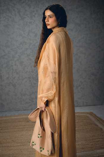 Paulmi And Harsh_Beige Modal, Silk, Organza Inaya Gathered Dress With Sheer Jacket _Online_at_Aza_Fashions