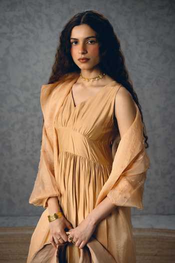 Paulmi And Harsh_Beige Modal, Silk, Organza Inaya Gathered Dress With Sheer Jacket _at_Aza_Fashions