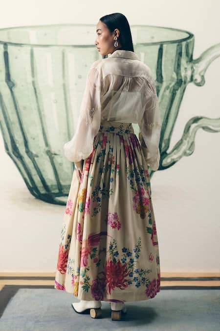Paulmi And Harsh Alora Organza Shirt & Floral Print Skirt Set 