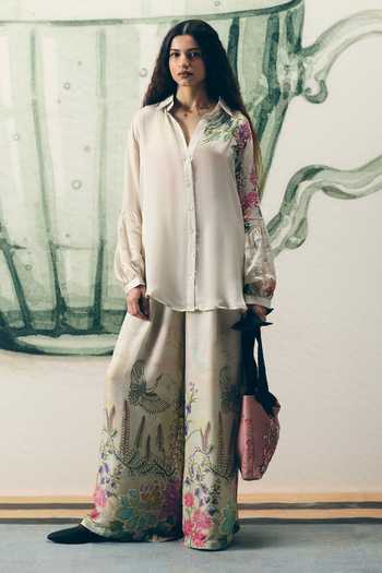 Paulmi And Harsh Ivory Satin Embroidery Collared Aika Shirt And Printed Pant Set at Aza Fashions Paulmi And Harsh_Ivory Satin Embroidery Collared Aika Shirt And Printed Pant Set _at_Aza_Fashions