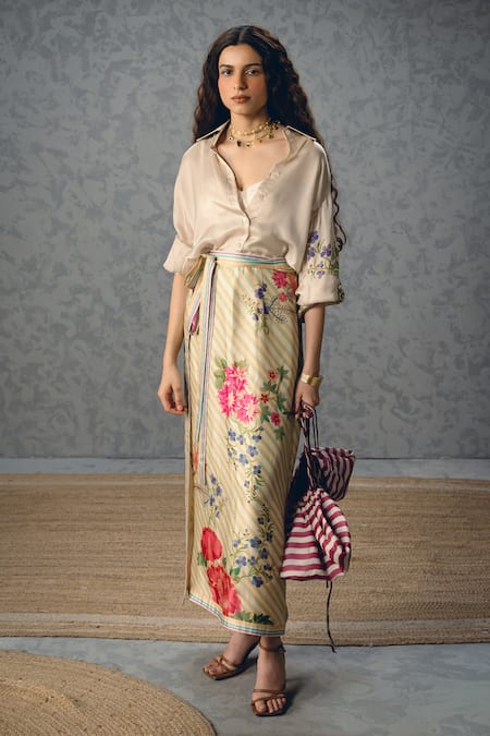 Paulmi And Harsh Lya Printed Satin Shirt & Skirt Set 