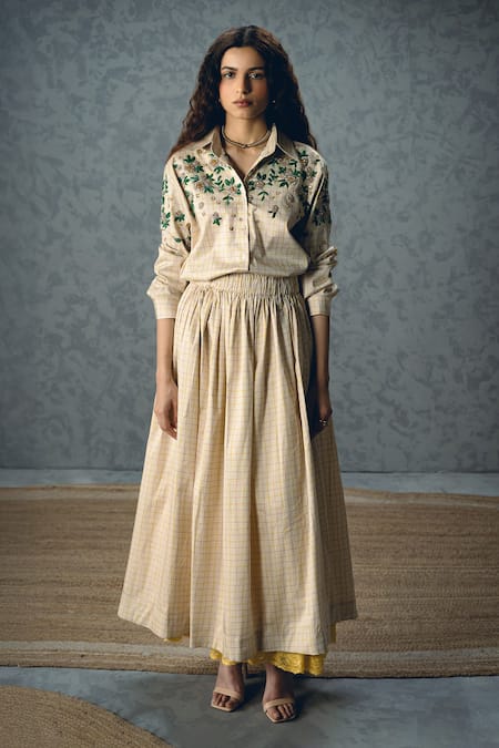 Paulmi And Harsh Nina Embroidered Shirt & Checkered Skirt Set 