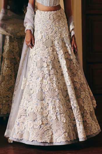 Mishru_Blue Tulle Beads, Pearls, Fabric Flowers Lillian Floral Embellished Lehenga Set  _Online_at_Aza_Fashions