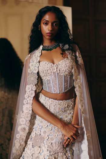 Buy_Mishru_Blue Tulle Beads, Pearls, Fabric Flowers Lillian Floral Embellished Lehenga Set  _Online_at_Aza_Fashions