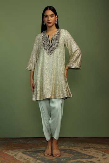 Mustard Moon By Neyha And Vrinda Gold Georgette, Satin, Net Sequins, Mirrors V-neck Haseena Embellished Kurta Set Online at Aza Fashions Mustard Moon By Neyha And Vrinda_Gold Georgette, Satin, Net Sequins, Mirrors V-neck Haseena Embellished Kurta Set _Online_at_Aza_Fashions
