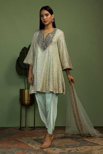 Buy Mustard Moon By Neyha And Vrinda Gold Georgette, Satin, Net Sequins, Mirrors V-neck Haseena Embellished Kurta Set Online at Aza Fashions Buy_Mustard Moon By Neyha And Vrinda_Gold Georgette, Satin, Net Sequins, Mirrors V-neck Haseena Embellished Kurta Set _Online_at_Aza_Fashions