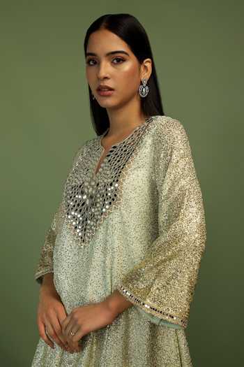 Shop Mustard Moon By Neyha And Vrinda Gold Georgette, Satin, Net Sequins, Mirrors V-neck Haseena Embellished Kurta Set Online at Aza Fashions Shop_Mustard Moon By Neyha And Vrinda_Gold Georgette, Satin, Net Sequins, Mirrors V-neck Haseena Embellished Kurta Set _Online_at_Aza_Fashions