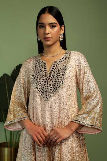 Mustard Moon By Neyha And Vrinda Gold Georgette, Satin, Net Mirrors, Sequins V-neck Haseena Kurta Set Online at Aza Fashions Mustard Moon By Neyha And Vrinda_Gold Georgette, Satin, Net Mirrors, Sequins V-neck Haseena Kurta Set _Online_at_Aza_Fashions