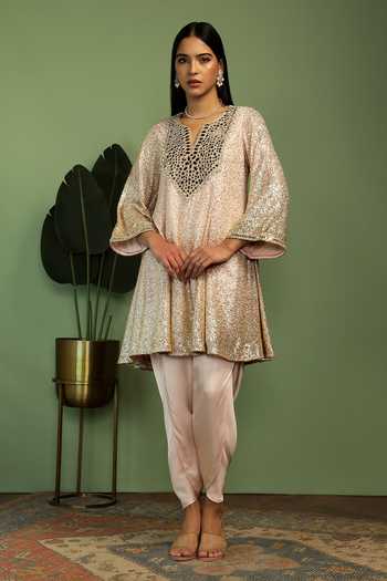 Buy Mustard Moon By Neyha And Vrinda Gold Georgette, Satin, Net Mirrors, Sequins V-neck Haseena Kurta Set Online at Aza Fashions Buy_Mustard Moon By Neyha And Vrinda_Gold Georgette, Satin, Net Mirrors, Sequins V-neck Haseena Kurta Set _Online_at_Aza_Fashions