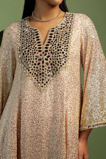 Shop Mustard Moon By Neyha And Vrinda Gold Georgette, Satin, Net Mirrors, Sequins V-neck Haseena Kurta Set Online at Aza Fashions Shop_Mustard Moon By Neyha And Vrinda_Gold Georgette, Satin, Net Mirrors, Sequins V-neck Haseena Kurta Set _Online_at_Aza_Fashions