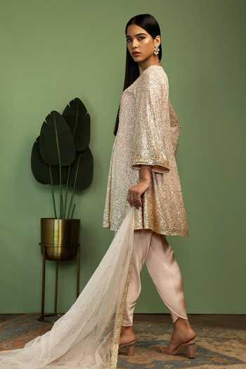 Mustard Moon By Neyha And Vrinda Gold Georgette, Satin, Net Mirrors, Sequins V-neck Haseena Kurta Set at Aza Fashions Mustard Moon By Neyha And Vrinda_Gold Georgette, Satin, Net Mirrors, Sequins V-neck Haseena Kurta Set _at_Aza_Fashions