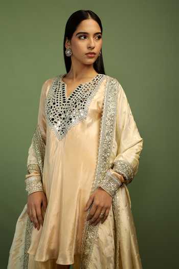 Mustard Moon By Neyha And Vrinda_Gold Tissue, Satin Mirrors, Sequins Split Jamila Embroidered Yoke Kurta Set _Online_at_Aza_Fashions
