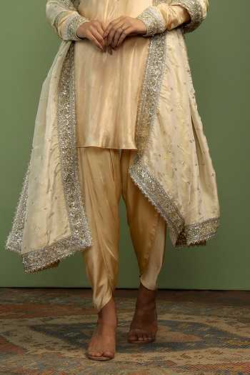 Buy_Mustard Moon By Neyha And Vrinda_Gold Tissue, Satin Mirrors, Sequins Split Jamila Embroidered Yoke Kurta Set _Online_at_Aza_Fashions