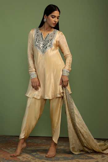 Shop_Mustard Moon By Neyha And Vrinda_Gold Tissue, Satin Mirrors, Sequins Split Jamila Embroidered Yoke Kurta Set _Online_at_Aza_Fashions