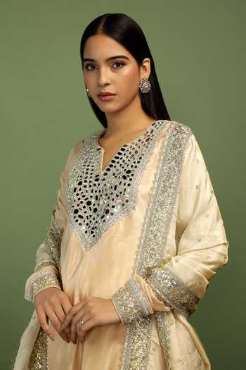 Mustard Moon By Neyha And Vrinda_Gold Tissue, Satin Mirrors, Sequins Split Jamila Embroidered Yoke Kurta Set _at_Aza_Fashions