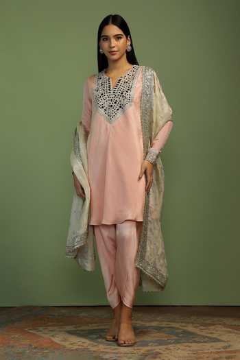 Mustard Moon By Neyha And Vrinda_Pink Tissue, Satin Mirrors, Sequins Split Jamila Embroidered Yoke Kurta Set _Online_at_Aza_Fashions