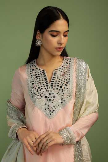 Buy_Mustard Moon By Neyha And Vrinda_Pink Tissue, Satin Mirrors, Sequins Split Jamila Embroidered Yoke Kurta Set _Online_at_Aza_Fashions