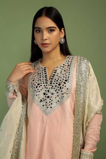 Shop_Mustard Moon By Neyha And Vrinda_Pink Tissue, Satin Mirrors, Sequins Split Jamila Embroidered Yoke Kurta Set _Online_at_Aza_Fashions