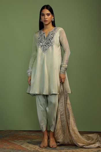 Mustard Moon By Neyha And Vrinda_Mint Tissue, Satin Mirrors, Sequins Split Jamila Embroidered Yoke Kurta Set  _Online_at_Aza_Fashions