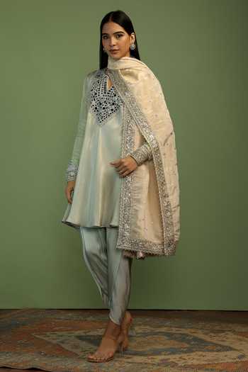 Buy_Mustard Moon By Neyha And Vrinda_Mint Tissue, Satin Mirrors, Sequins Split Jamila Embroidered Yoke Kurta Set  _Online_at_Aza_Fashions