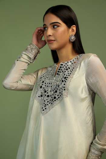 Shop_Mustard Moon By Neyha And Vrinda_Mint Tissue, Satin Mirrors, Sequins Split Jamila Embroidered Yoke Kurta Set  _Online_at_Aza_Fashions