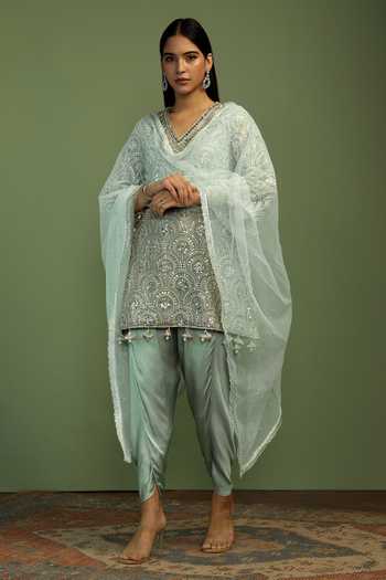 Mustard Moon By Neyha And Vrinda_Mint Net, Satin Sequins, Pearls, Mirrors, Sofia Scallop Embroidered Kurta Set _Online_at_Aza_Fashions