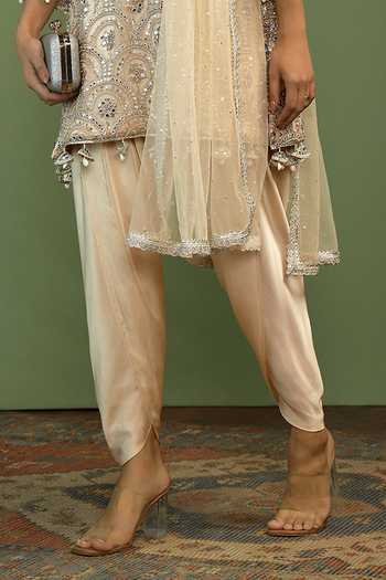 Mustard Moon By Neyha And Vrinda Beige Net, Satin Embroidery, Sequins, Mirrors V-neck Sofia Kurta Dhoti Pant Set Online at Aza Fashions Mustard Moon By Neyha And Vrinda_Beige Net, Satin Embroidery, Sequins, Mirrors V-neck Sofia Kurta Dhoti Pant Set _Online_at_Aza_Fashions