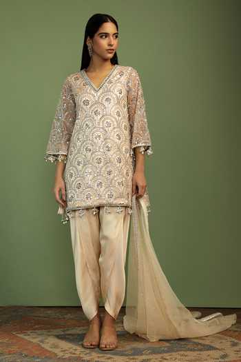 Buy Mustard Moon By Neyha And Vrinda Beige Net, Satin Embroidery, Sequins, Mirrors V-neck Sofia Kurta Dhoti Pant Set Online at Aza Fashions Buy_Mustard Moon By Neyha And Vrinda_Beige Net, Satin Embroidery, Sequins, Mirrors V-neck Sofia Kurta Dhoti Pant Set _Online_at_Aza_Fashions