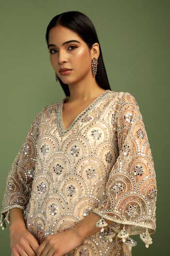 Shop Mustard Moon By Neyha And Vrinda Beige Net, Satin Embroidery, Sequins, Mirrors V-neck Sofia Kurta Dhoti Pant Set Online at Aza Fashions Shop_Mustard Moon By Neyha And Vrinda_Beige Net, Satin Embroidery, Sequins, Mirrors V-neck Sofia Kurta Dhoti Pant Set _Online_at_Aza_Fashions