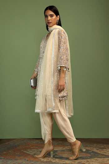 Mustard Moon By Neyha And Vrinda Beige Net, Satin Embroidery, Sequins, Mirrors V-neck Sofia Kurta Dhoti Pant Set at Aza Fashions Mustard Moon By Neyha And Vrinda_Beige Net, Satin Embroidery, Sequins, Mirrors V-neck Sofia Kurta Dhoti Pant Set _at_Aza_Fashions