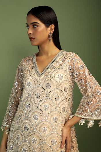 Buy Mustard Moon By Neyha And Vrinda Beige Net, Satin Embroidery, Sequins, Mirrors V-neck Sofia Kurta Dhoti Pant Set Buy_Mustard Moon By Neyha And Vrinda_Beige Net, Satin Embroidery, Sequins, Mirrors V-neck Sofia Kurta Dhoti Pant Set
