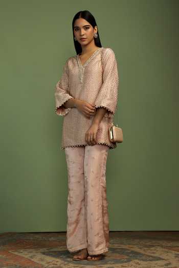 Buy Mustard Moon By Neyha And Vrinda Pink Tissue Pearls, Zari, Gota Patti, Beads Karisma Textured Kurta And Pant Set Online at Aza Fashions Buy_Mustard Moon By Neyha And Vrinda_Pink Tissue Pearls, Zari, Gota Patti, Beads Karisma Textured Kurta And Pant Set _Online_at_Aza_Fashions