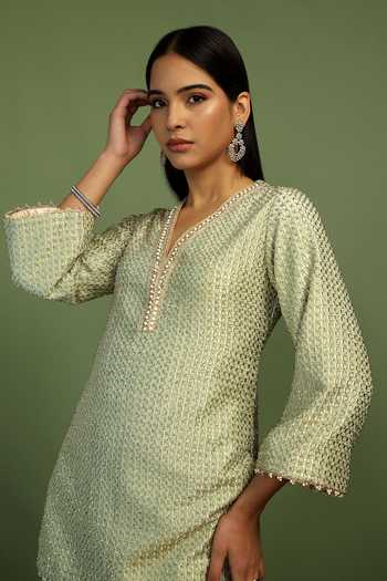 Mustard Moon By Neyha And Vrinda Gold Tissue Gota Patti, Pearls, Beads, Karisma Embellished Kurta And Pant Set at Aza Fashions Mustard Moon By Neyha And Vrinda_Gold Tissue Gota Patti, Pearls, Beads, Karisma Embellished Kurta And Pant Set _at_Aza_Fashions