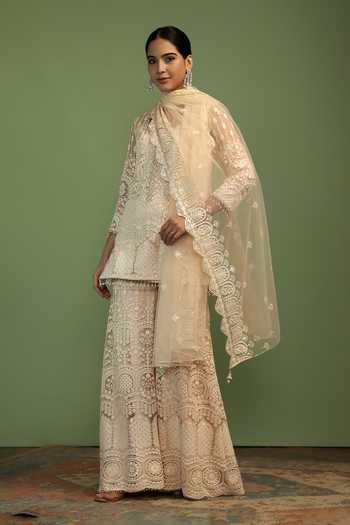 Mustard Moon By Neyha And Vrinda Off White Net Embroidery, Sequins, Pearls, Tassels Kia Scallop Motif Kurta Set Online at Aza Fashions Mustard Moon By Neyha And Vrinda_Off White Net Embroidery, Sequins, Pearls, Tassels Kia Scallop Motif Kurta Set _Online_at_Aza_Fashions