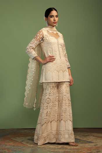 Buy Mustard Moon By Neyha And Vrinda Off White Net Embroidery, Sequins, Pearls, Tassels Kia Scallop Motif Kurta Set Online at Aza Fashions Buy_Mustard Moon By Neyha And Vrinda_Off White Net Embroidery, Sequins, Pearls, Tassels Kia Scallop Motif Kurta Set _Online_at_Aza_Fashions