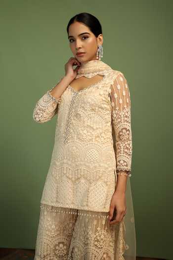 Shop Mustard Moon By Neyha And Vrinda Off White Net Embroidery, Sequins, Pearls, Tassels Kia Scallop Motif Kurta Set Online at Aza Fashions Shop_Mustard Moon By Neyha And Vrinda_Off White Net Embroidery, Sequins, Pearls, Tassels Kia Scallop Motif Kurta Set _Online_at_Aza_Fashions