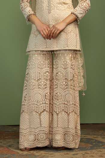 Mustard Moon By Neyha And Vrinda Off White Net Embroidery, Sequins, Pearls, Tassels Kia Scallop Motif Kurta Set at Aza Fashions Mustard Moon By Neyha And Vrinda_Off White Net Embroidery, Sequins, Pearls, Tassels Kia Scallop Motif Kurta Set _at_Aza_Fashions