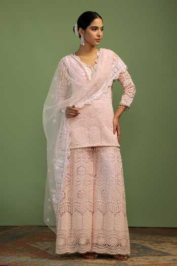 Buy_Mustard Moon By Neyha And Vrinda_Pink Net Embroidery, Sequins, Pearls, Tassels Sweetheart Kia Scallop Kurta Set _Online_at_Aza_Fashions