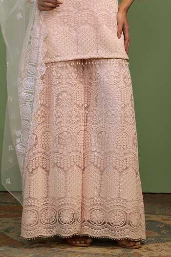 Shop_Mustard Moon By Neyha And Vrinda_Pink Net Embroidery, Sequins, Pearls, Tassels Sweetheart Kia Scallop Kurta Set _Online_at_Aza_Fashions