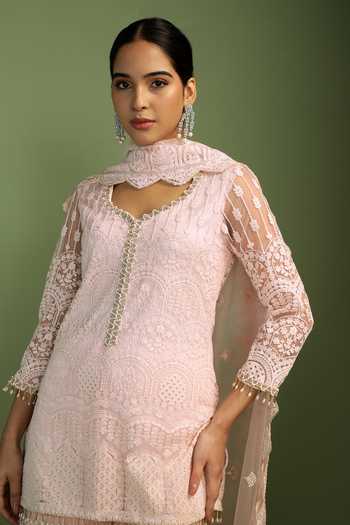 Mustard Moon By Neyha And Vrinda_Pink Net Embroidery, Sequins, Pearls, Tassels Sweetheart Kia Scallop Kurta Set _at_Aza_Fashions