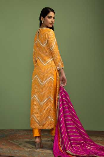 Shop Mustard Moon By Neyha And Vrinda Mustard Georgette, Silk, Chinon Gota Patti Amal Chevron Pattern Kurta Set at Aza Fashions Shop_Mustard Moon By Neyha And Vrinda_Mustard Georgette, Silk, Chinon Gota Patti Amal Chevron Pattern Kurta Set _at_Aza_Fashions